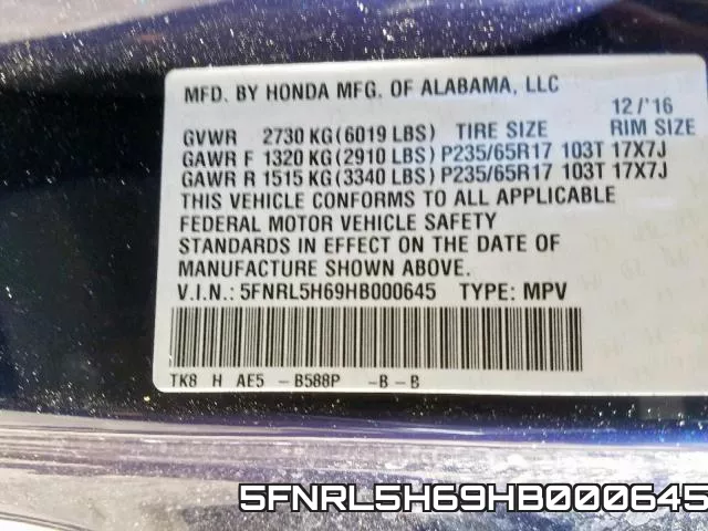 5FNRL5H69HB000645 фото 2