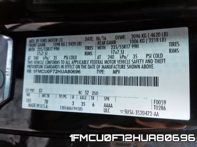 1FMCU0F72HUA80696 фото 2