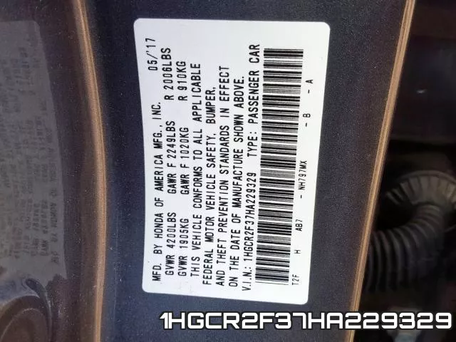 1HGCR2F37HA229329 фото 2