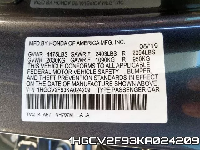 1HGCV2F93KA024209 фото 2