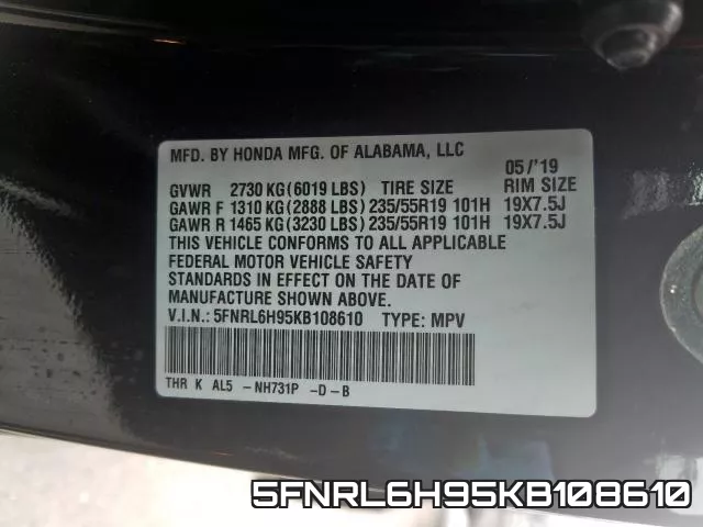 5FNRL6H95KB108610 фото 2