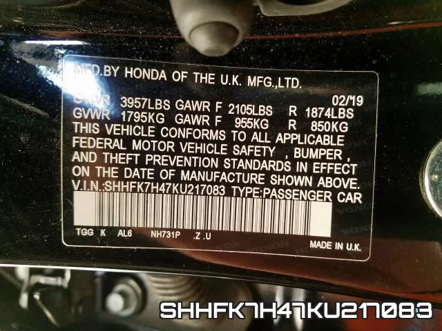 SHHFK7H47KU217083 фото 2
