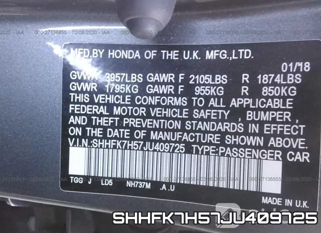 SHHFK7H57JU409725 фото 10