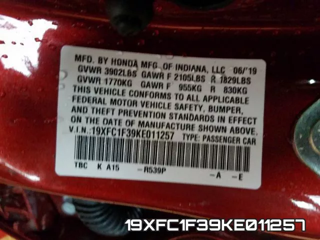 19XFC1F39KE011257 фото 2