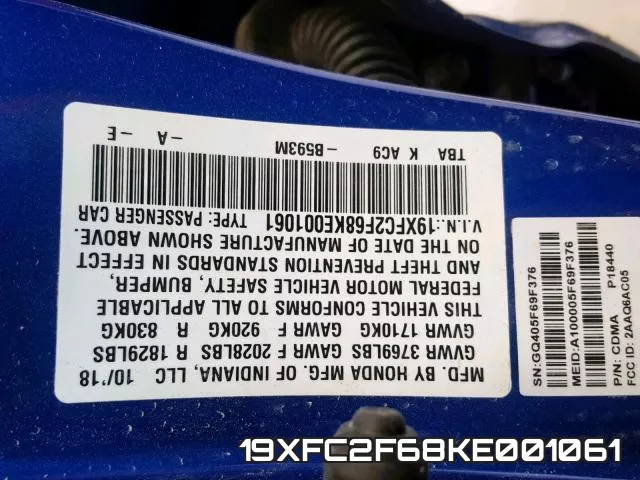 19XFC2F68KE001061 фото 2