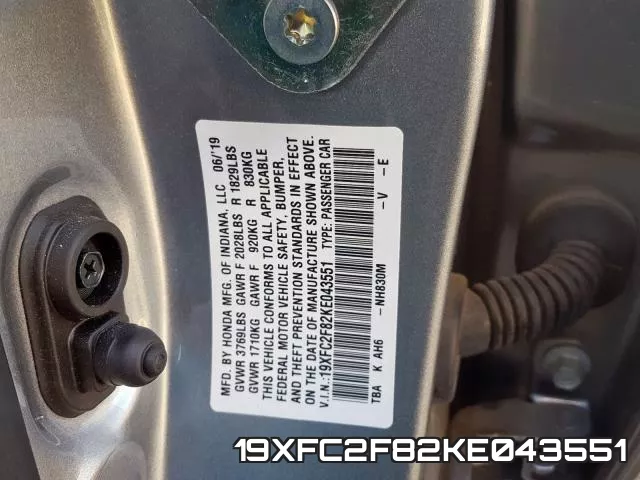 19XFC2F82KE043551 фото 2