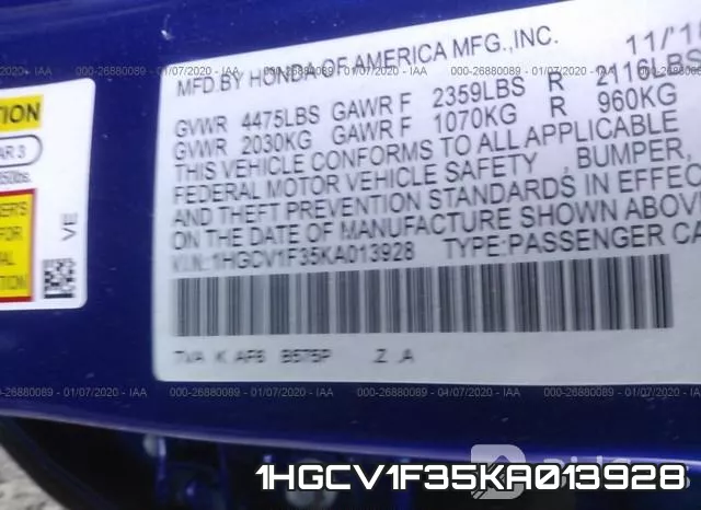 1HGCV1F35KA013928 фото 10