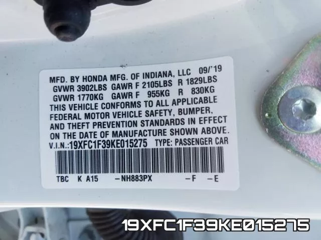 19XFC1F39KE015275 фото 2