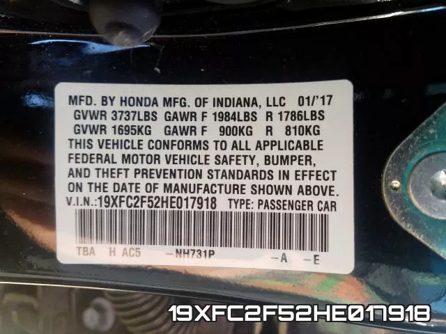 19XFC2F52HE017918 фото 2