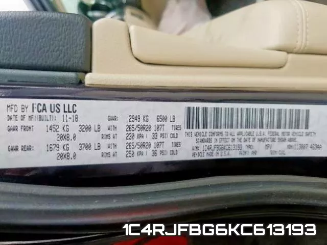 1C4RJFBG6KC613193 фото 2