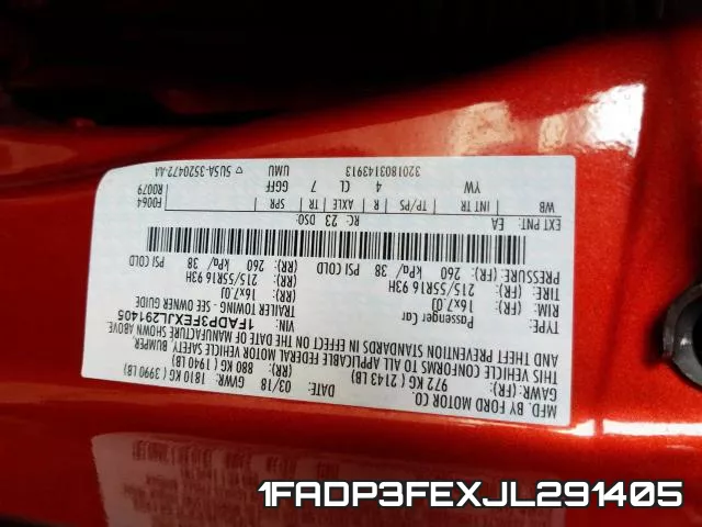 1FADP3FEXJL291405 фото 2