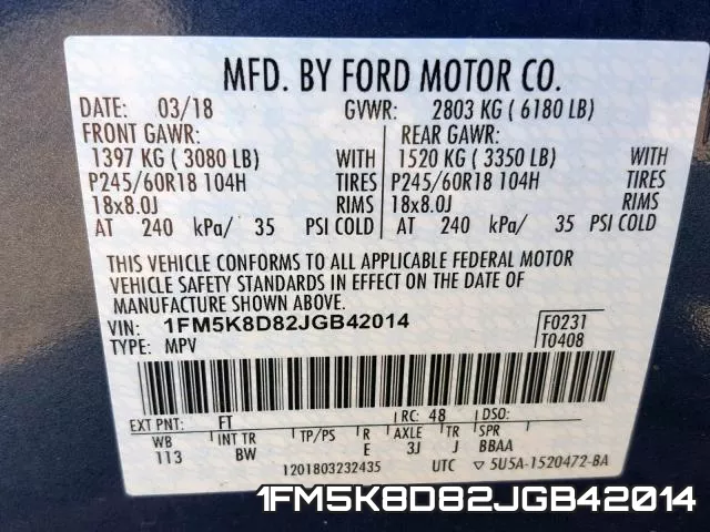 1FM5K8D82JGB42014 фото 2