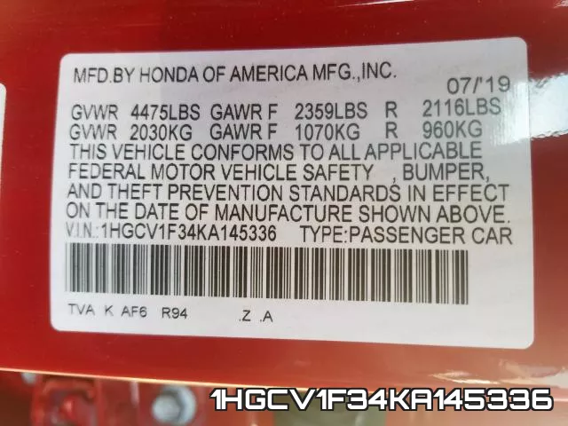 1HGCV1F34KA145336 фото 2
