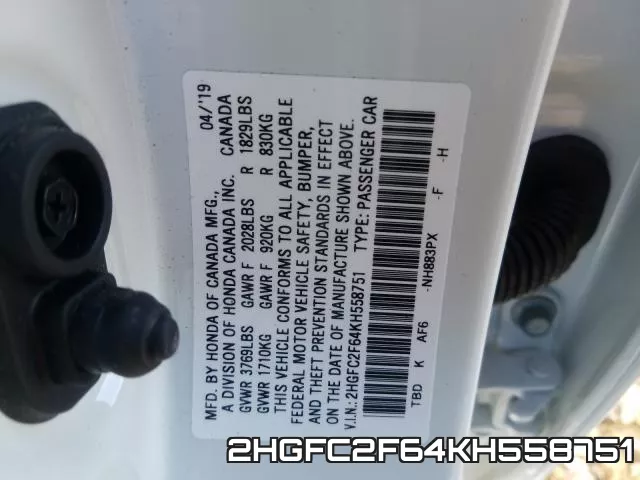 2HGFC2F64KH558751 фото 2