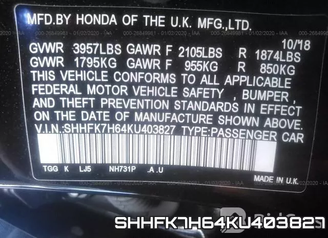 SHHFK7H64KU403827 фото 10