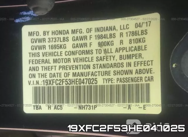 19XFC2F53HE047025 фото 10