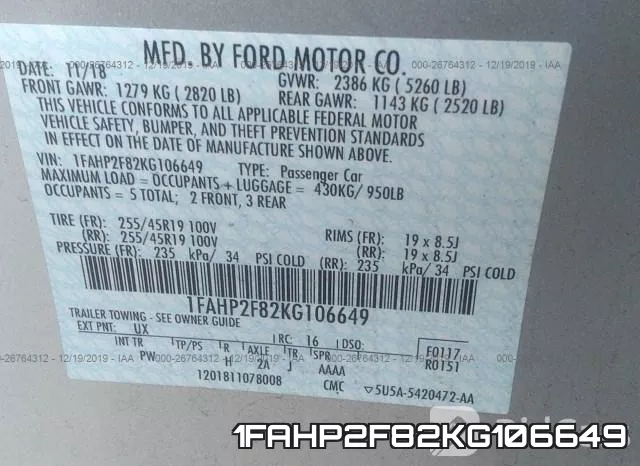 1FAHP2F82KG106649 фото 10