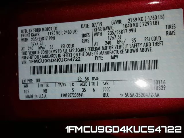 1FMCU9GD4KUC54722 фото 2