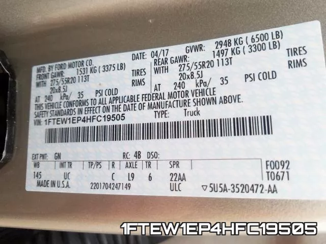 1FTEW1EP4HFC19505 фото 2