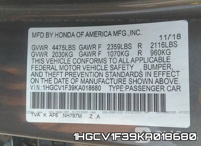 1HGCV1F39KA018680 фото 10