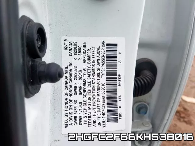 2HGFC2F66KH538016 фото 2