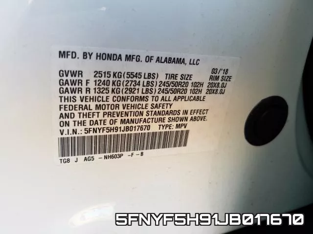 5FNYF5H91JB017670 фото 2