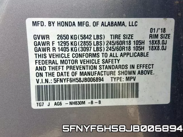 5FNYF6H58JB006894 фото 2