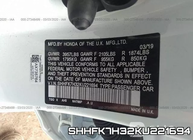 SHHFK7H32KU221694 фото 10
