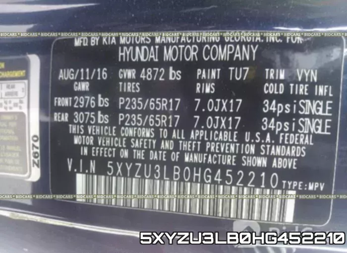 5XYZU3LB0HG452210 фото 10