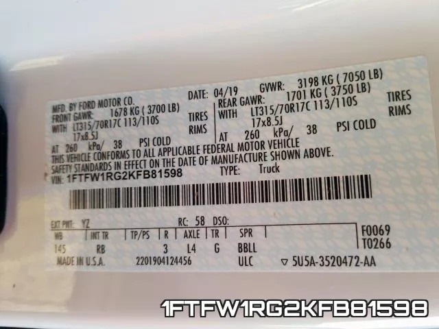 1FTFW1RG2KFB81598 фото 2