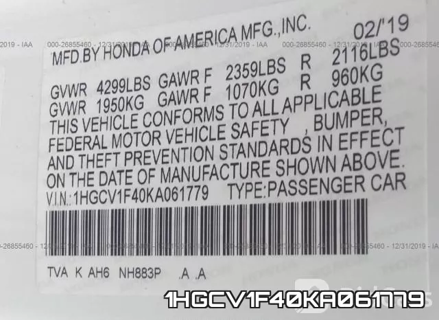 1HGCV1F40KA061779 фото 10
