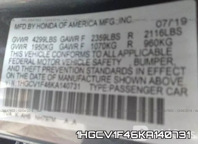 1HGCV1F46KA140731 фото 10