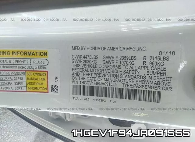 1HGCV1F94JA091555 фото 10