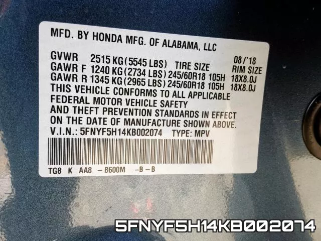 5FNYF5H14KB002074 фото 2