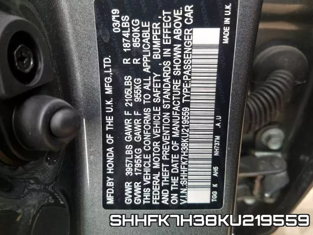 SHHFK7H38KU219559 фото 2