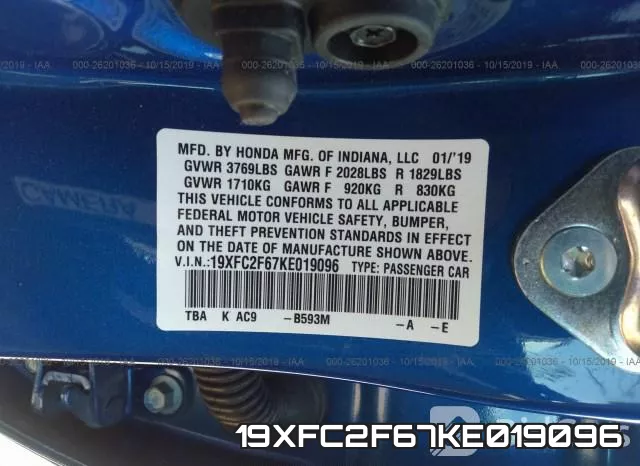 19XFC2F67KE019096 фото 10