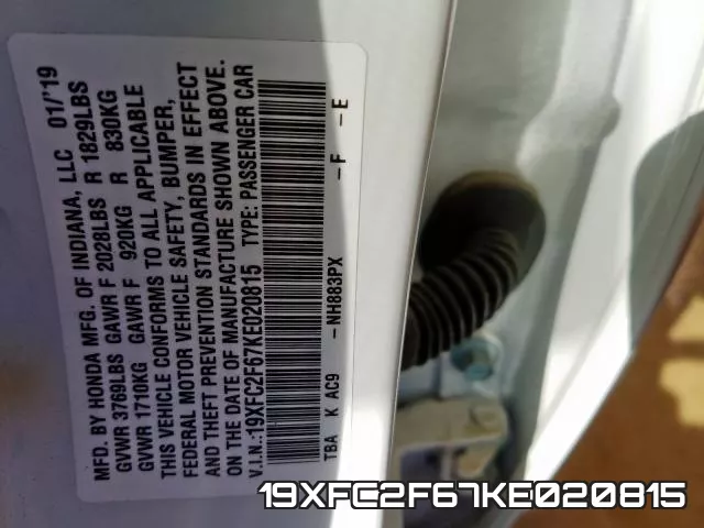 19XFC2F67KE020815 фото 2