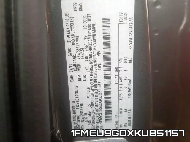 1FMCU9GDXKUB51157 фото 2