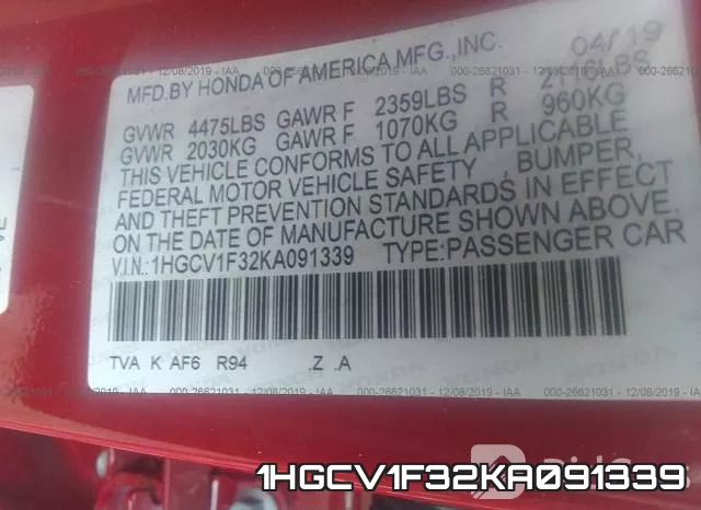 1HGCV1F32KA091339 фото 10