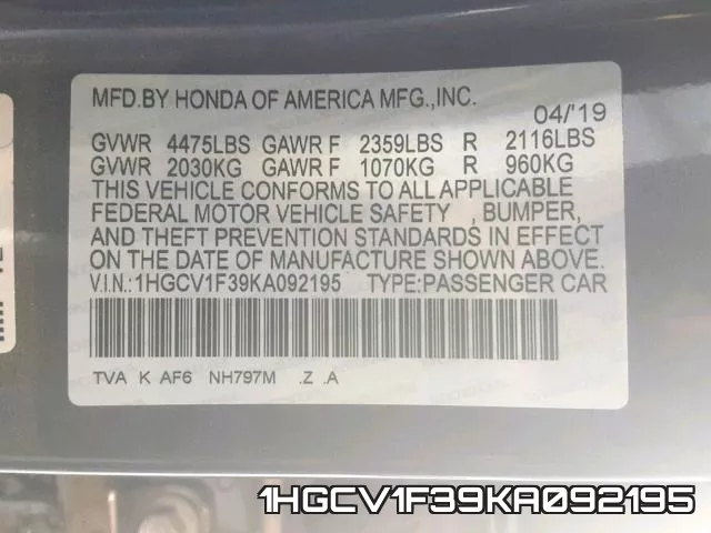 1HGCV1F39KA092195 фото 2