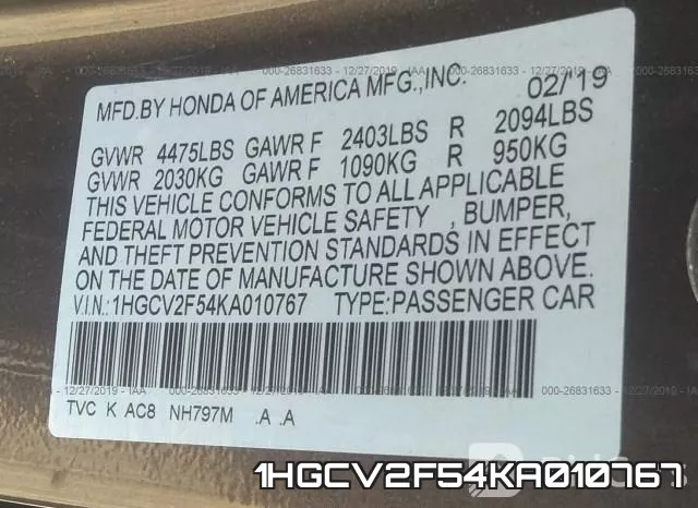 1HGCV2F54KA010767 фото 10