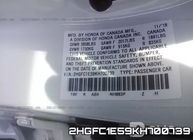 2HGFC1E59KH700739 фото 10