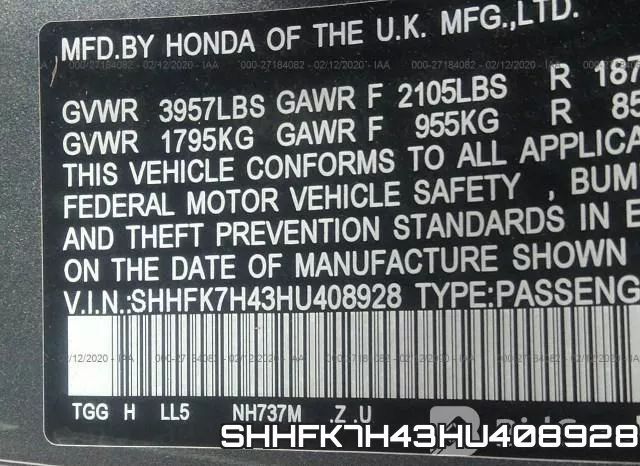 SHHFK7H43HU408928 фото 10