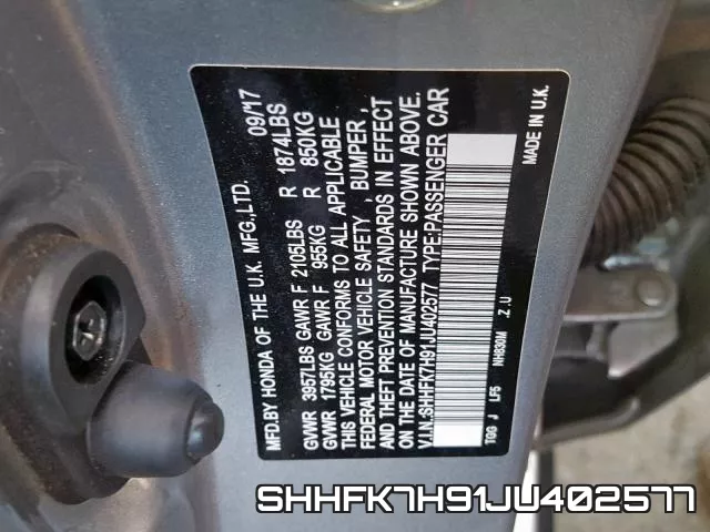 SHHFK7H91JU402577 фото 2