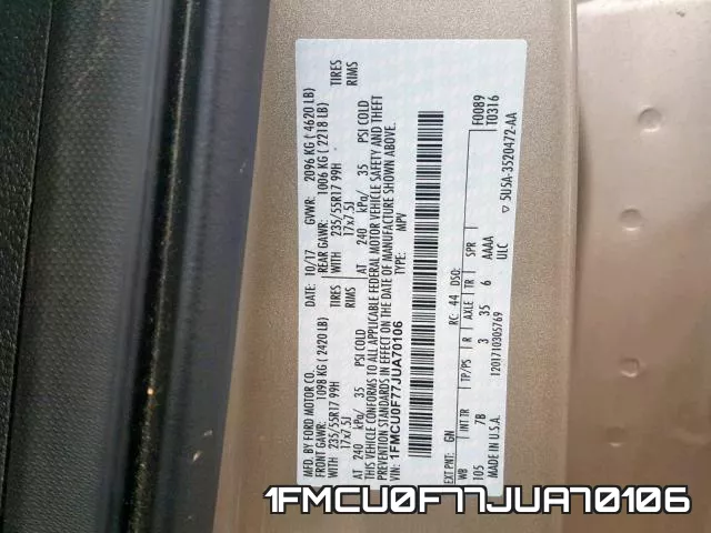 1FMCU0F77JUA70106 фото 2