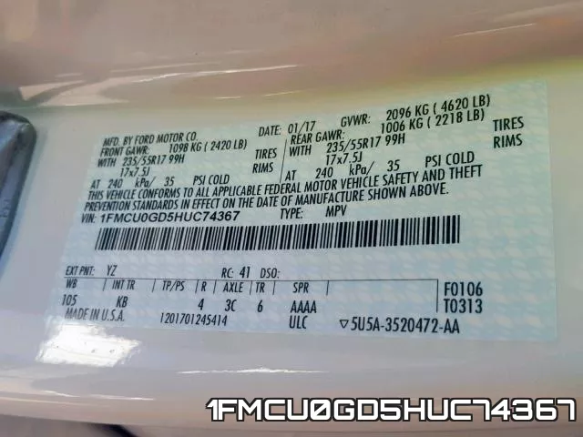 1FMCU0GD5HUC74367 фото 2