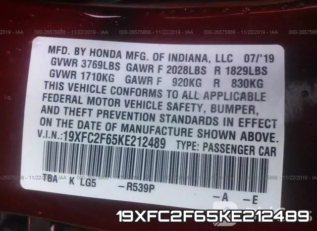 19XFC2F65KE212489 фото 10