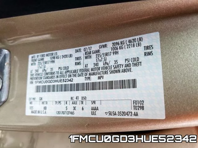 1FMCU0GD3HUE52342 фото 2