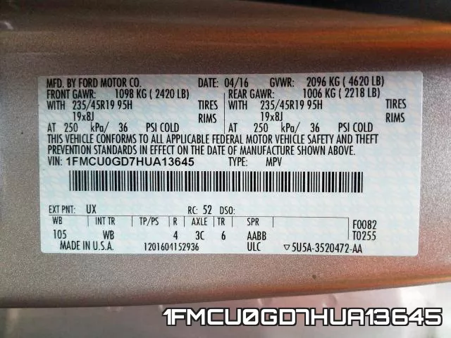 1FMCU0GD7HUA13645 фото 2