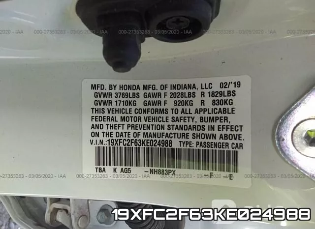 19XFC2F63KE024988 фото 10
